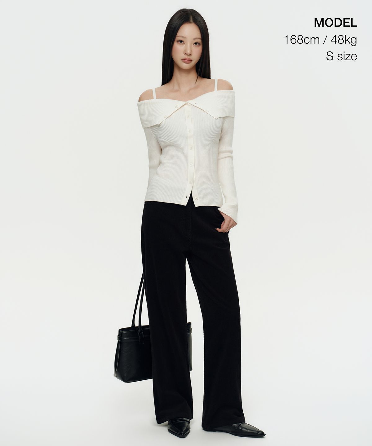무신사 스탠다드 우먼(MUSINSA STANDARD WOMAN) 우먼즈 리브드 턴 다운 오프 숄더 가디건 [아이보리]