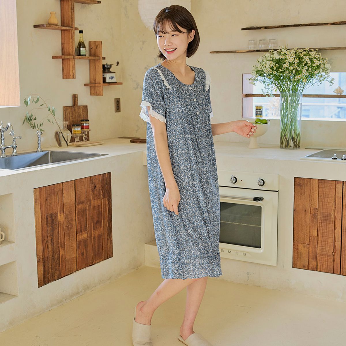 찌니야(JJNIYA) 여성용 오로라꽃 60수 레이온 반팔원피스잠옷
