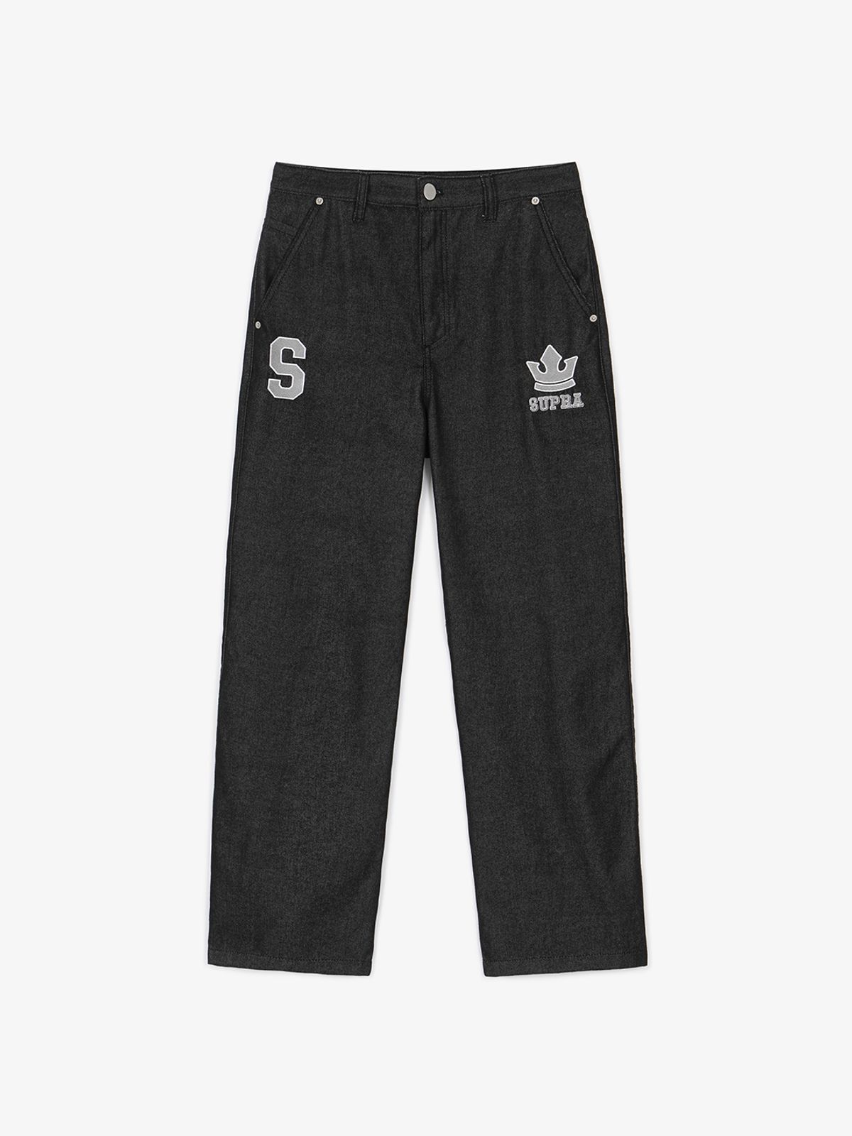 수프라(SUPRA) 여성 바시티 크라운 로고 데님 팬츠(BLACK)