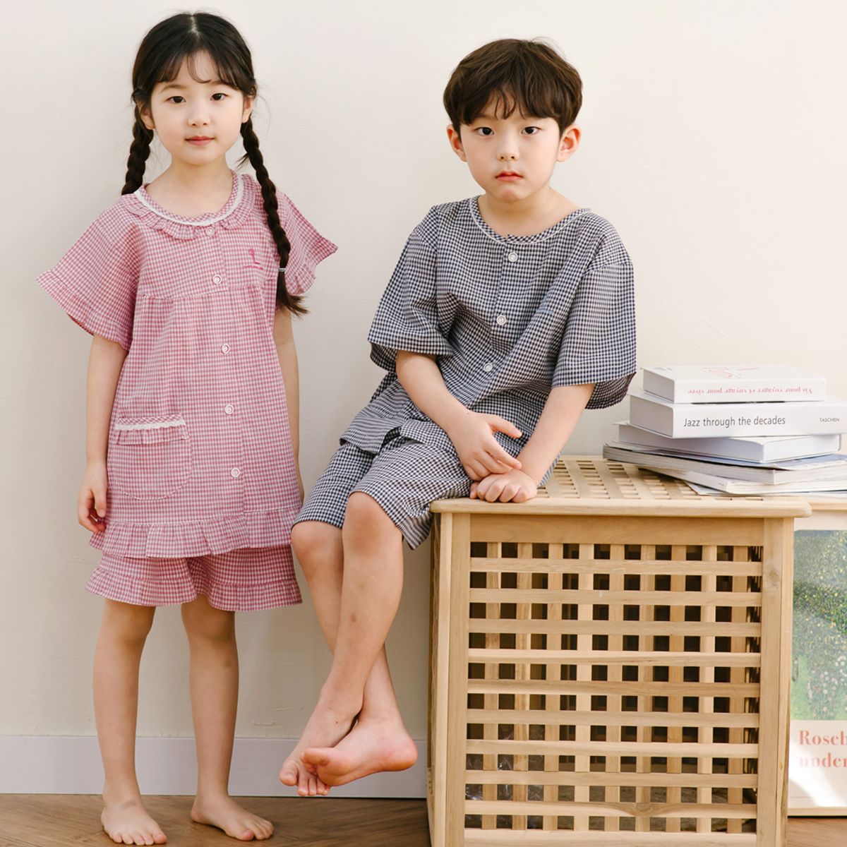 찌니야(JJNIYA) 릴리체크 40수 순면 여아동잠옷 반팔상하세트