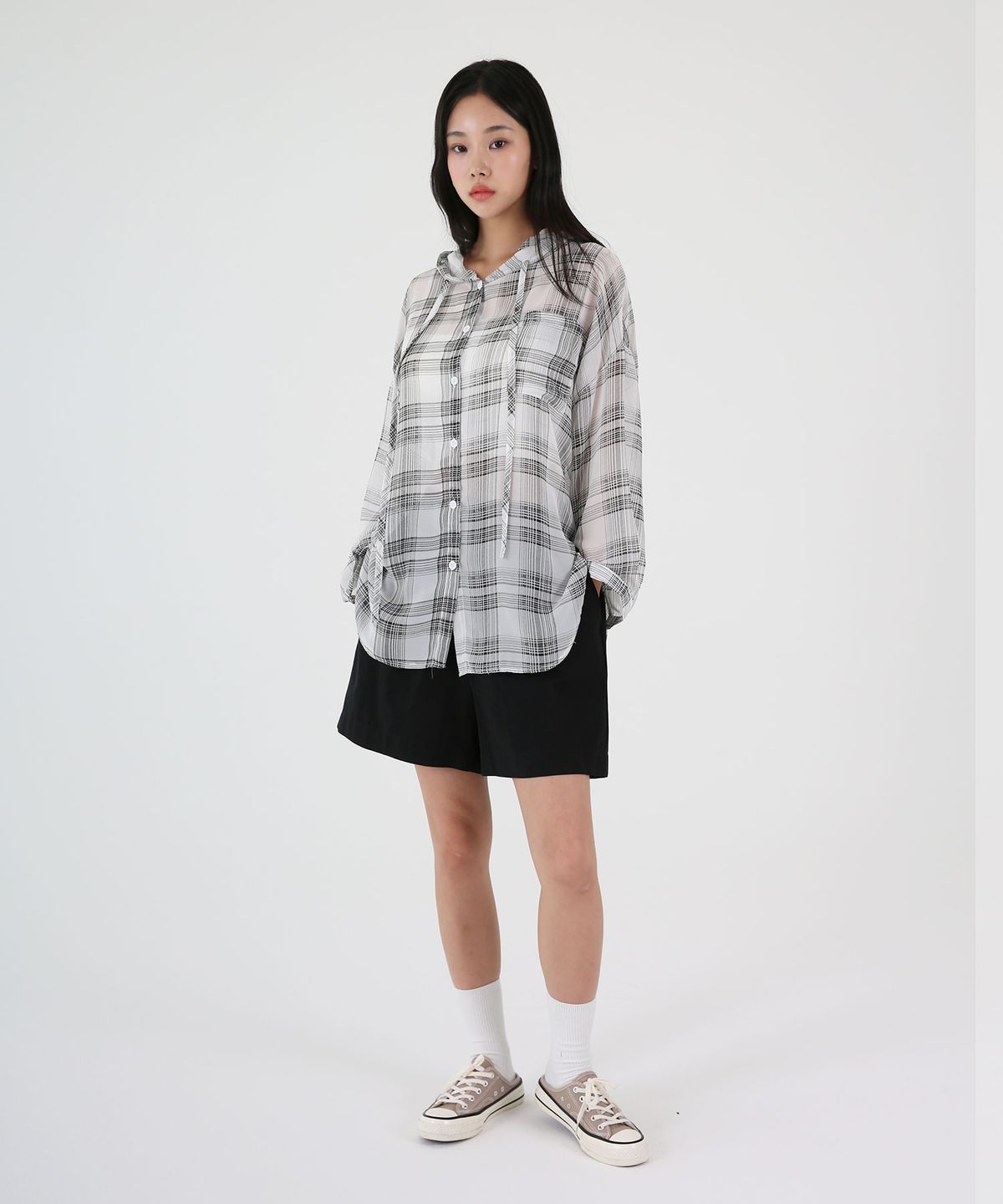 음(UMM) 여자 시스루 오버핏 체크후드셔츠