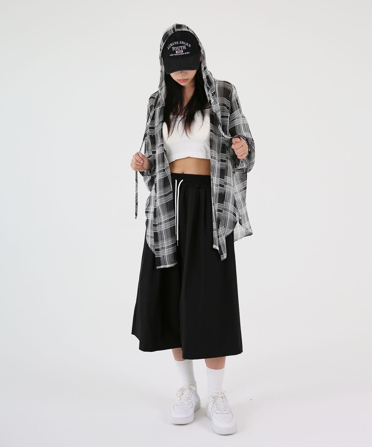 음(UMM) 여자 시스루 오버핏 체크후드셔츠