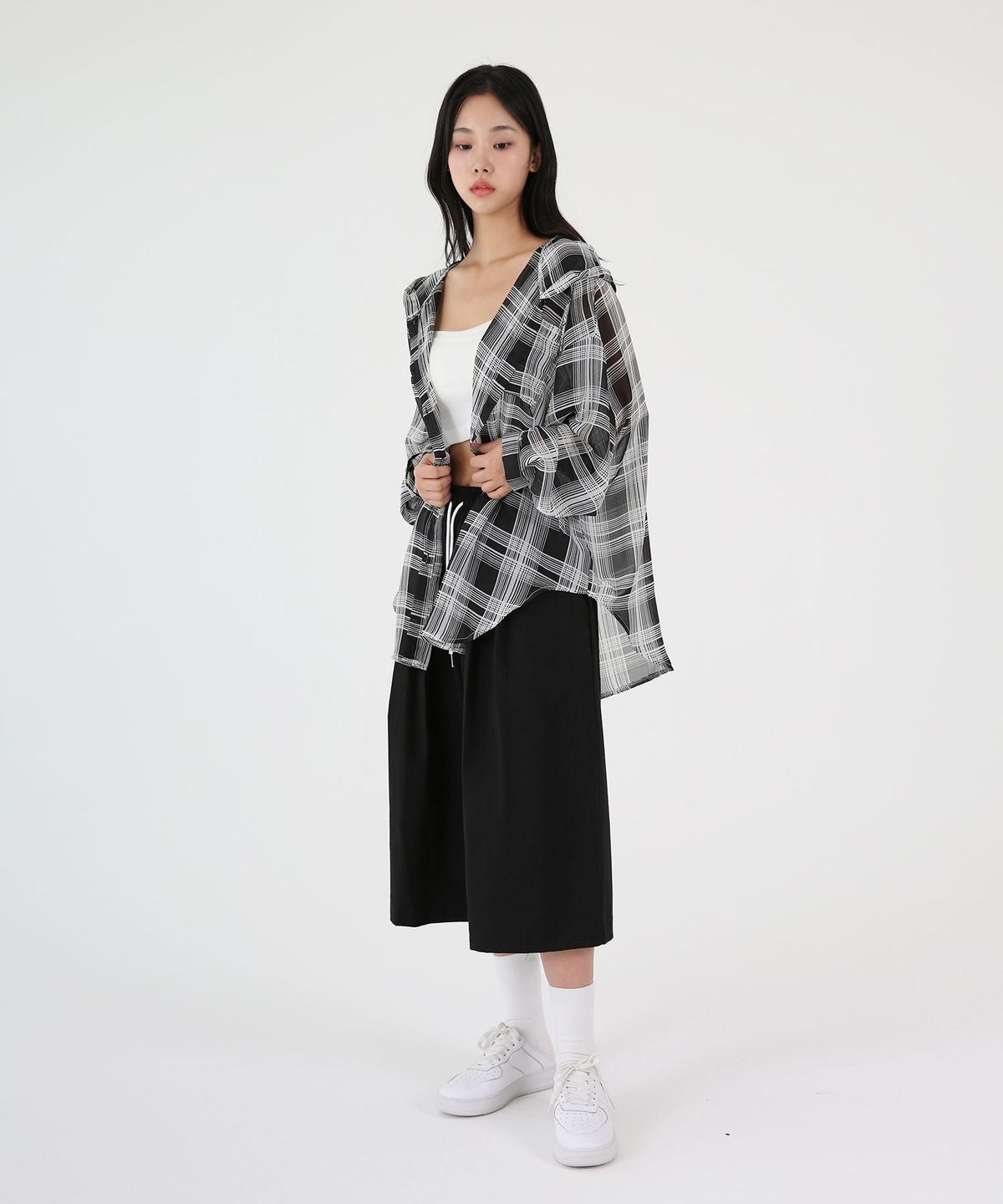 음(UMM) 여자 시스루 오버핏 체크후드셔츠