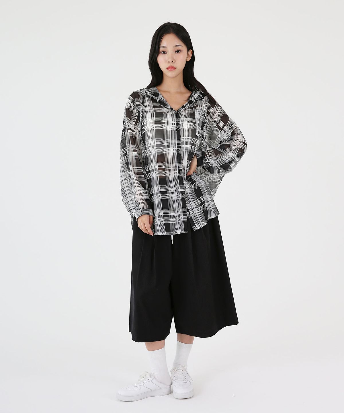 음(UMM) 여자 시스루 오버핏 체크후드셔츠