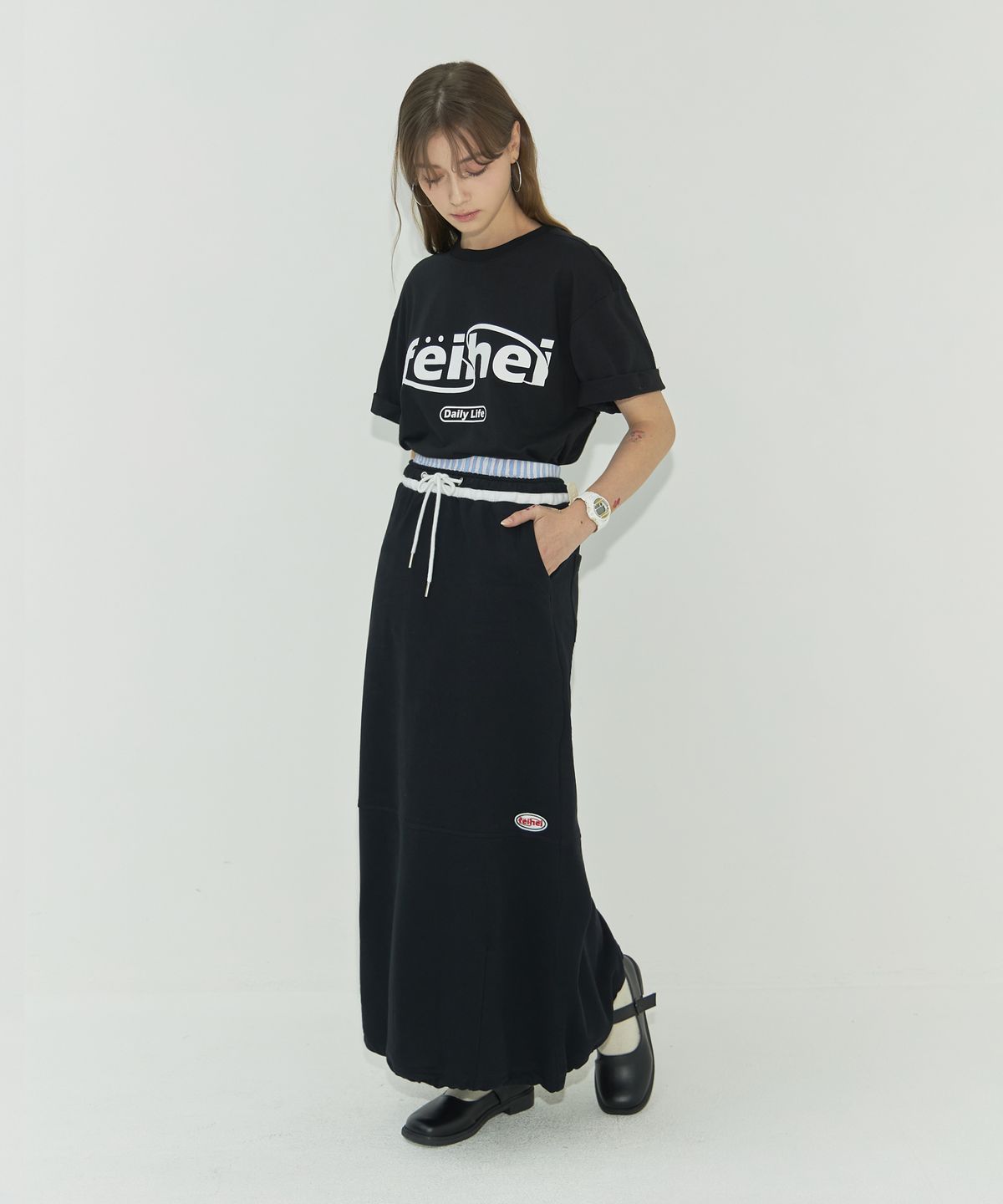 페이헤이(FEIHEI) STRING SWEAT LONG SKIRT BLACK
