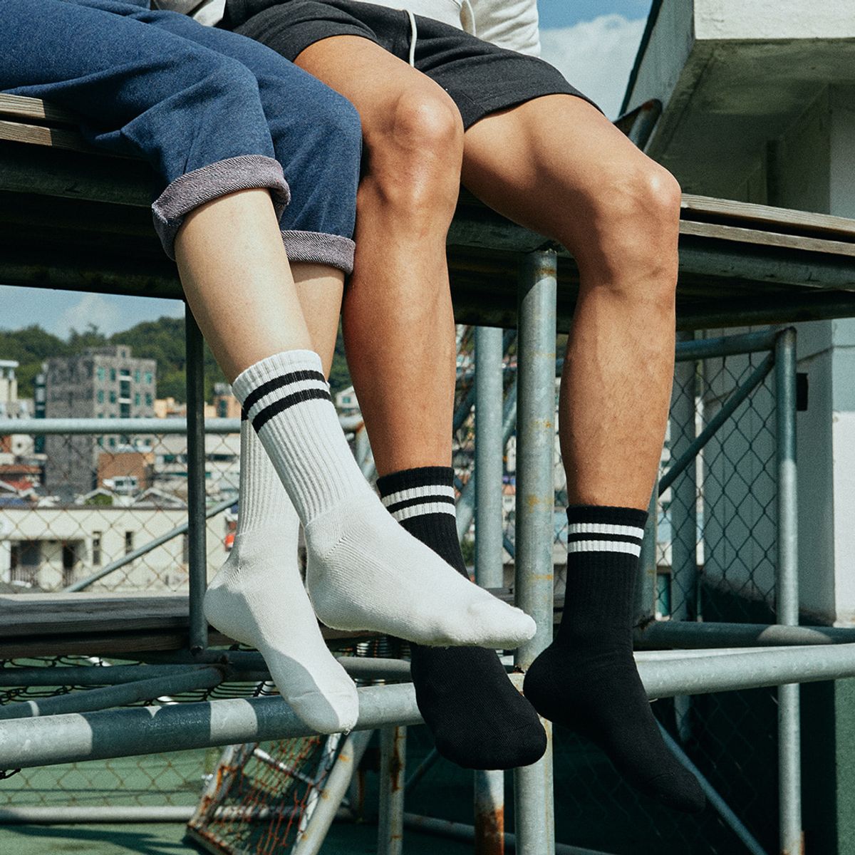 삭스타즈(SOCKSTAZ) STP004 Stripe Pile Crew Socks: White 3P PACK