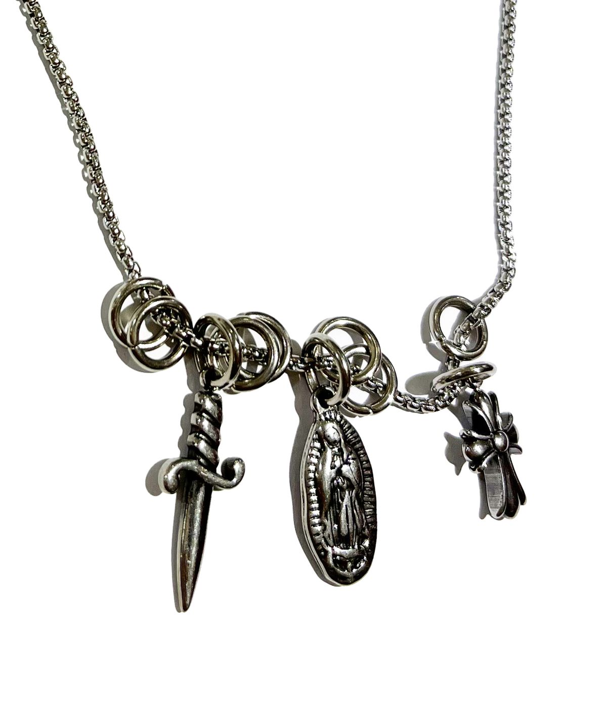 스케이터락(SK8ER ROCK) Three Pendant O-Ring Surgical Steel Necklace ((Steel))