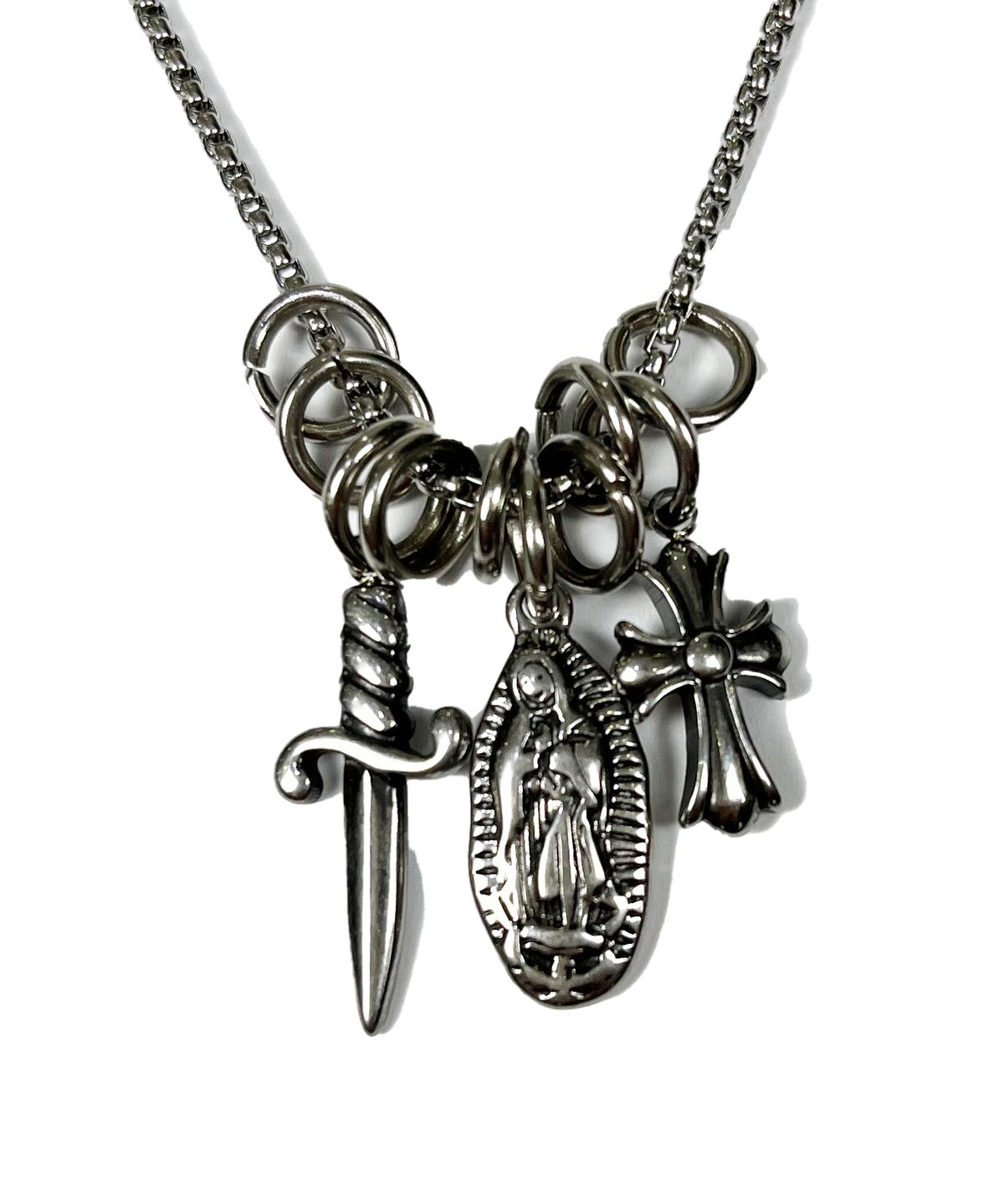 스케이터락(SK8ER ROCK) Three Pendant O-Ring Surgical Steel Necklace ((Steel))