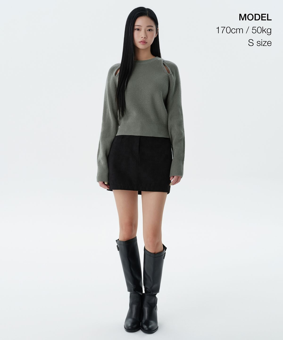 무신사 스탠다드 우먼(MUSINSA STANDARD WOMAN) 우먼즈 리브드 숄더 컷 아웃 니트 [세이지]