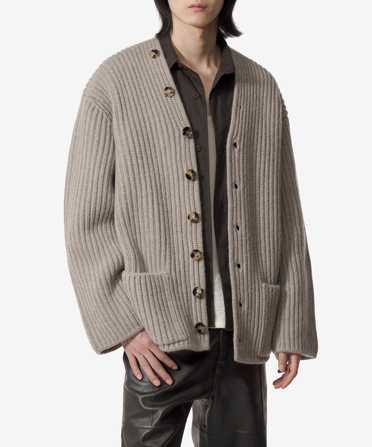 보테가베네타(BOTTEGA VENETA) 영국식 울 및 캐시미어 리브 가디건 - 베이지 / 791688V4AQ09700