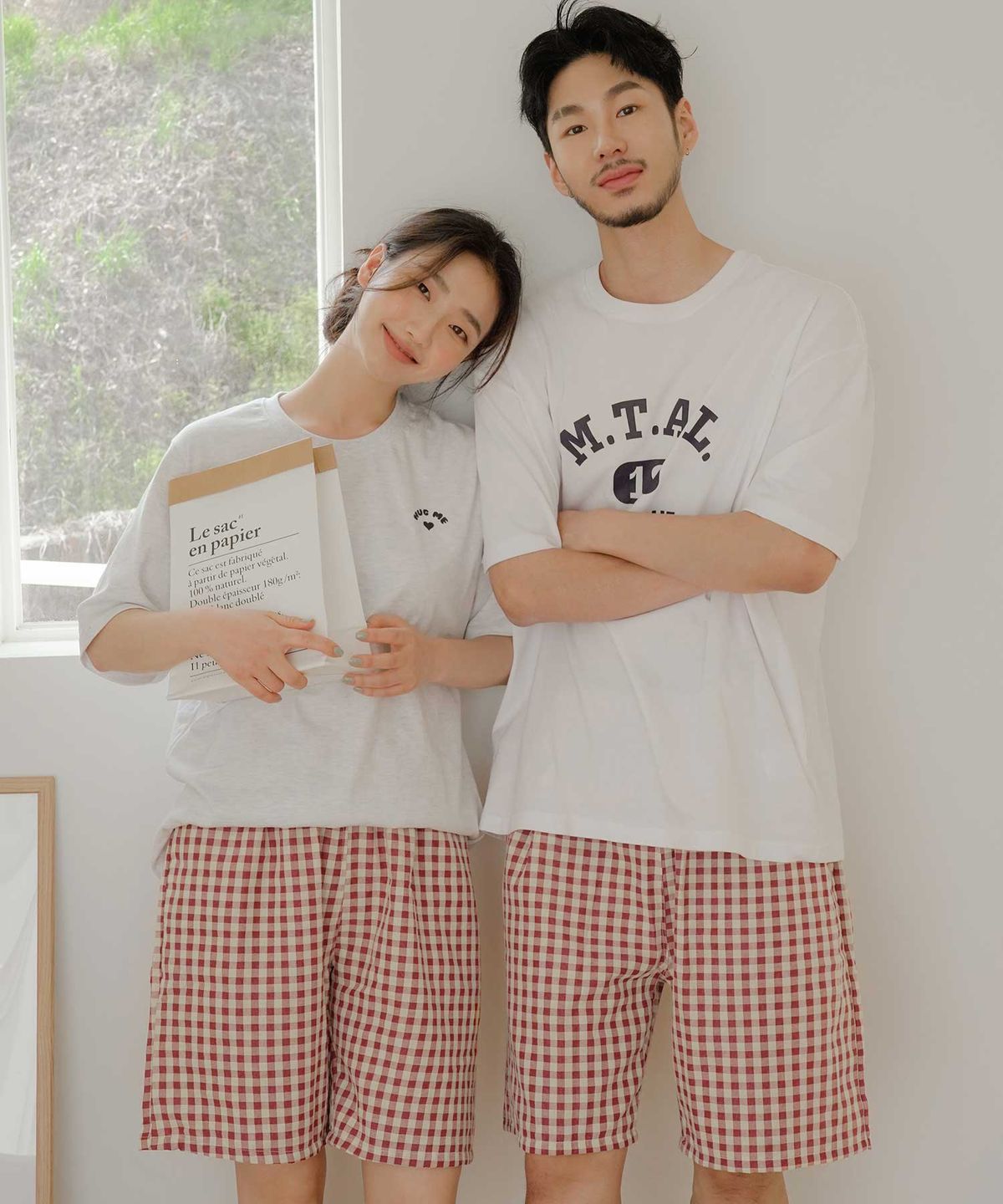 파란(PALAN) 남녀공용 커플 베이직 깅엄체크 5부 파자마 바지 2p