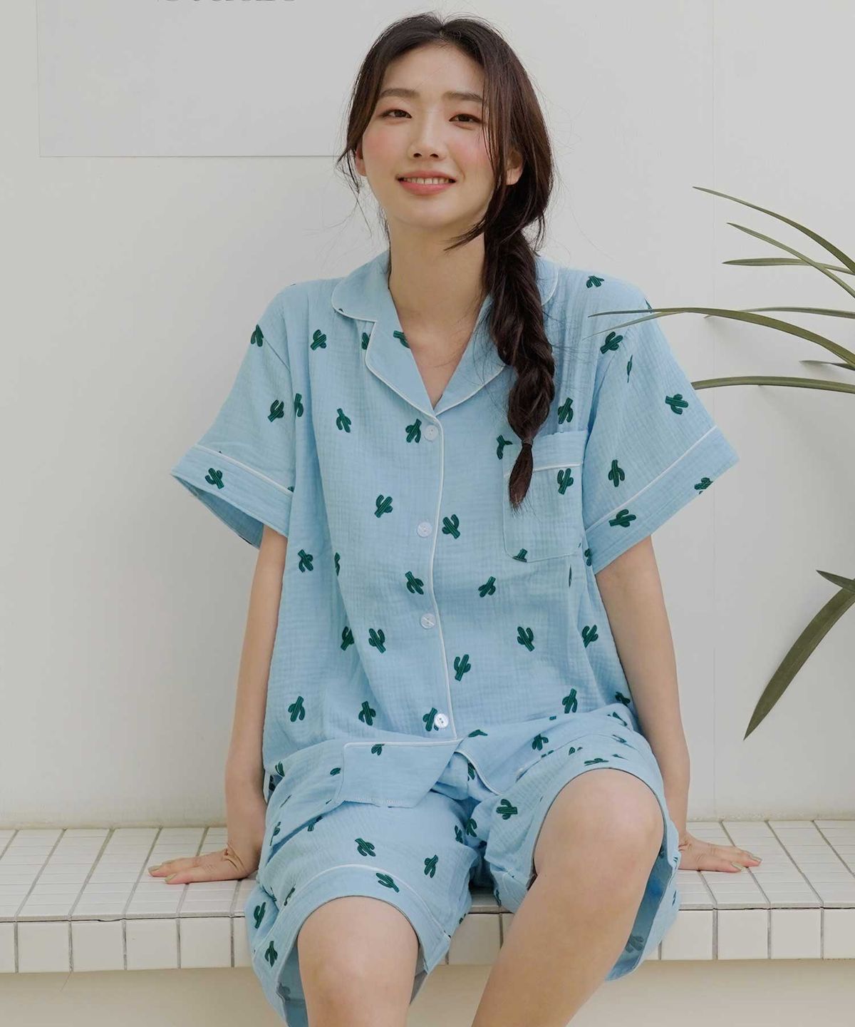 파란(PALAN) 선인장 요루면 반팔 커플 잠옷세트