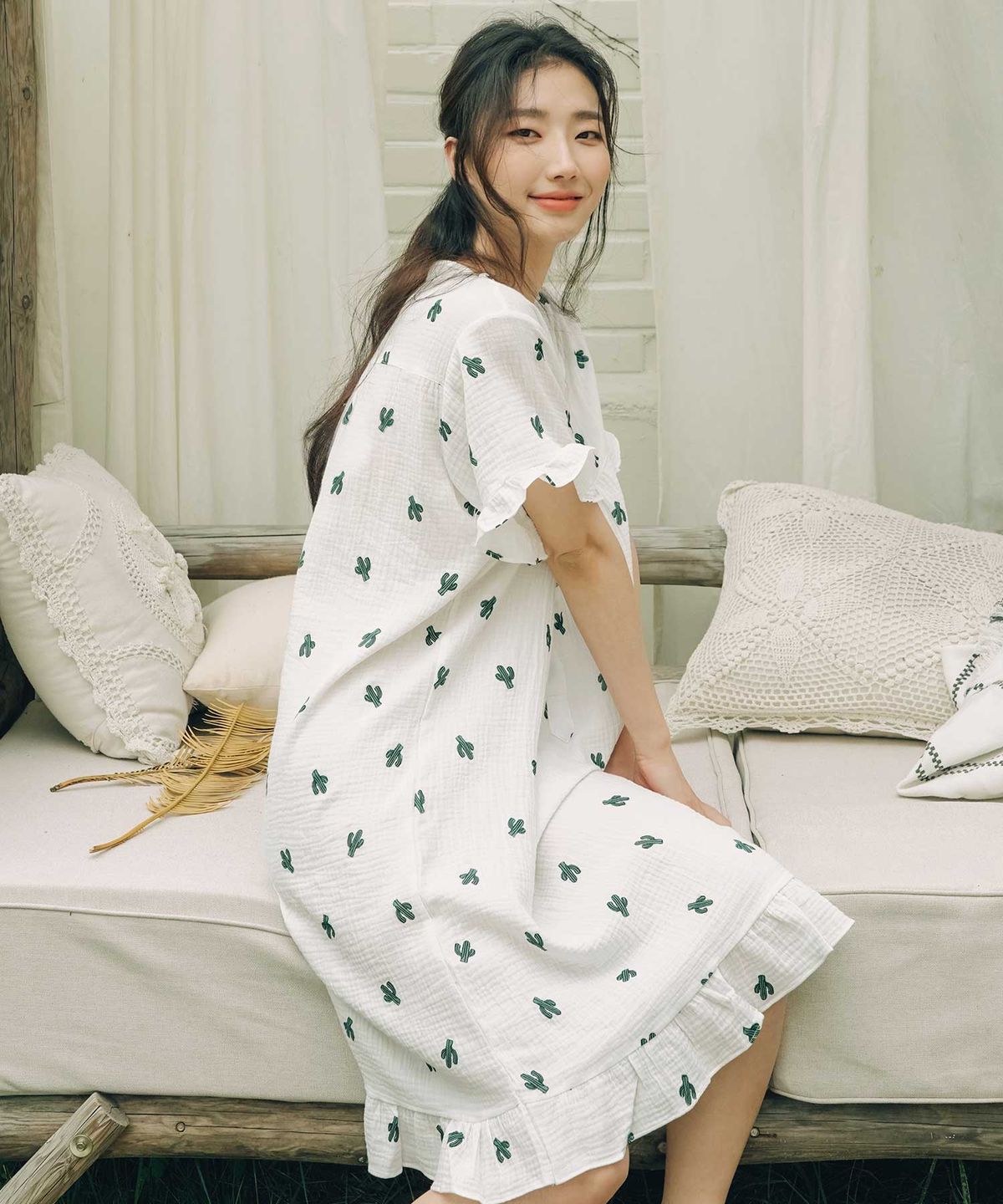 파란(PALAN) 선인장 요루면 반팔 원피스 잠옷
