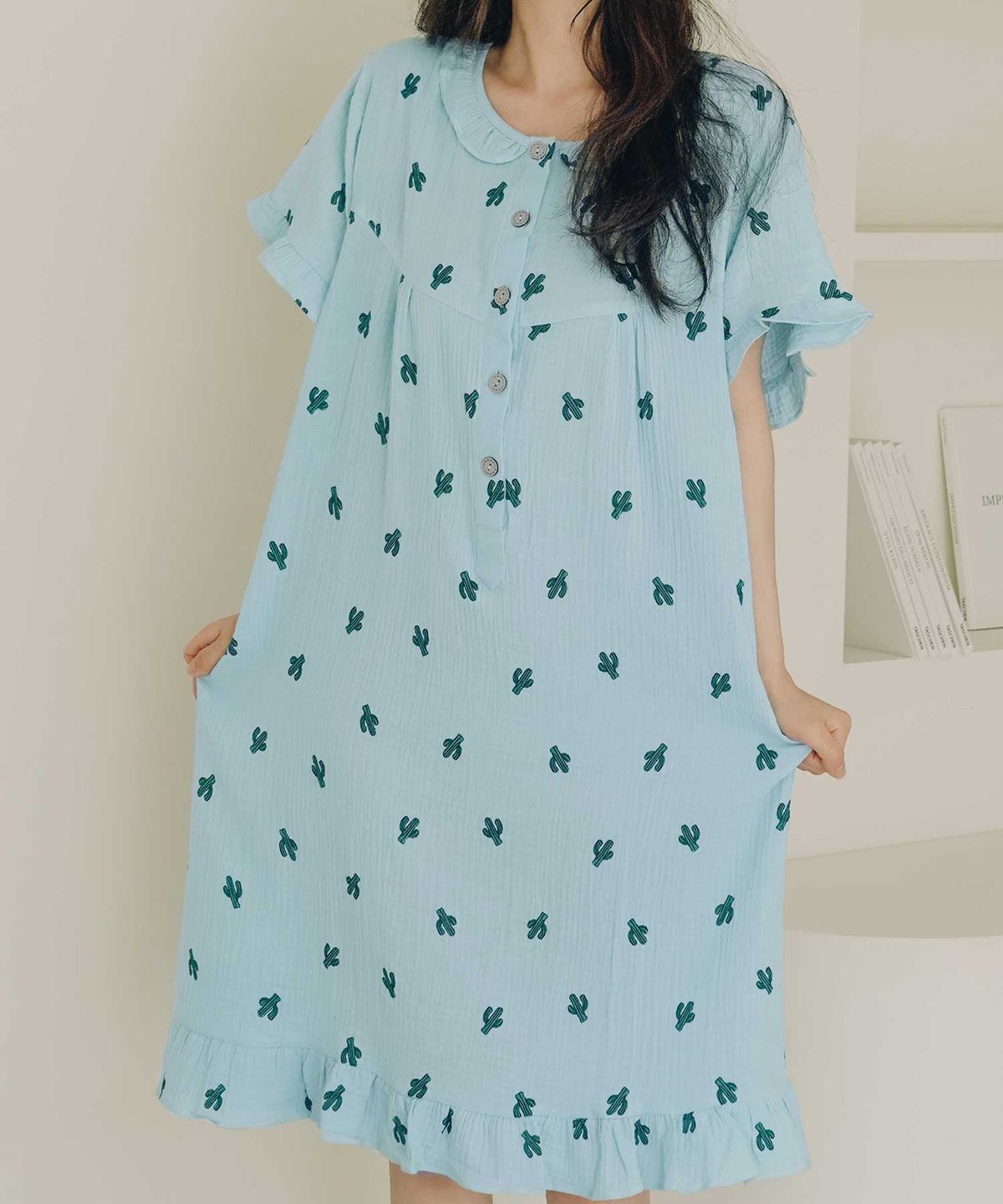 파란(PALAN) 선인장 요루면 반팔 원피스 잠옷