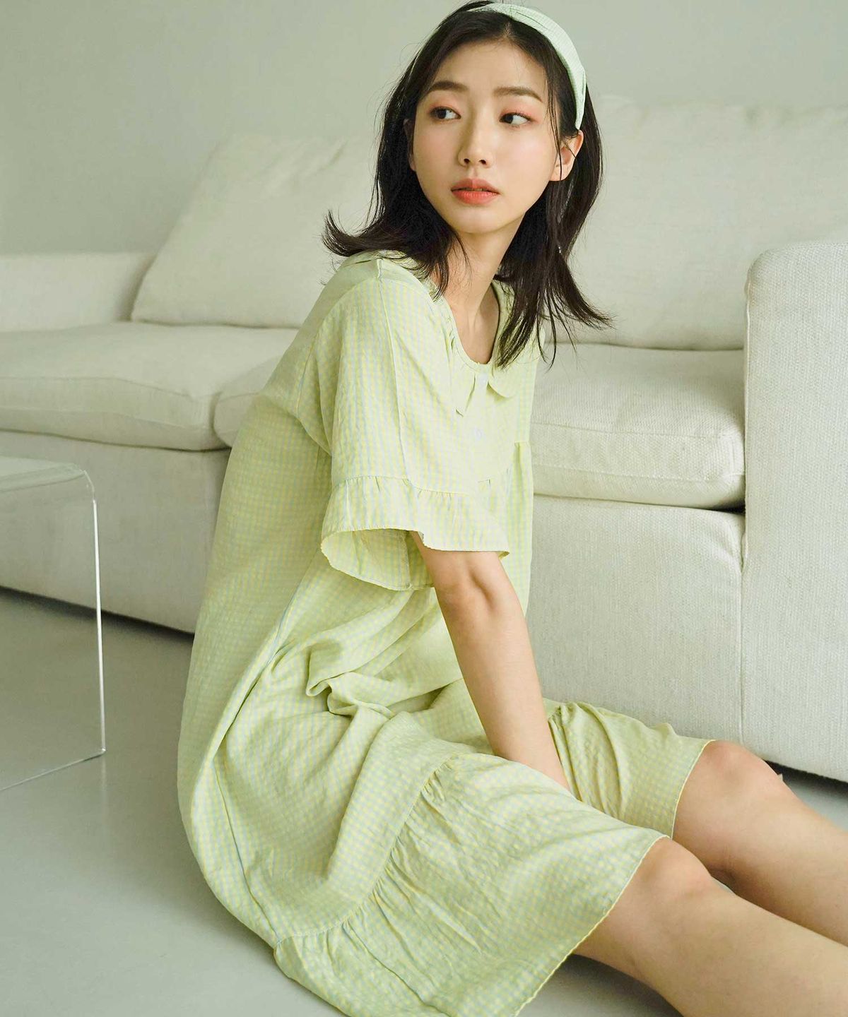 파란(PALAN) 올리비아 라운드 프릴 체크 원피스 잠옷