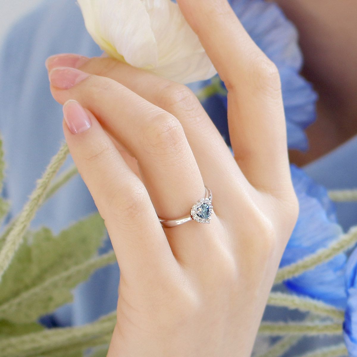 47베이지(47BAG) 925실버 딥블루그린 모이사나이트 하트  반지