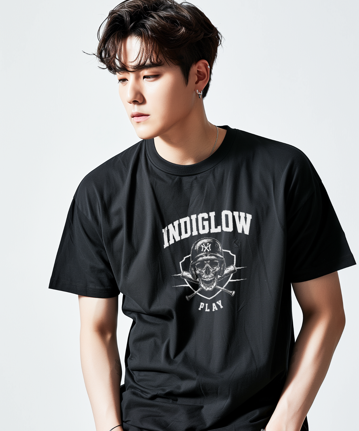 인디글로우(INDIGLOW) 베이스볼 스컬 빈티지 힙합 반팔 민소매 티셔츠