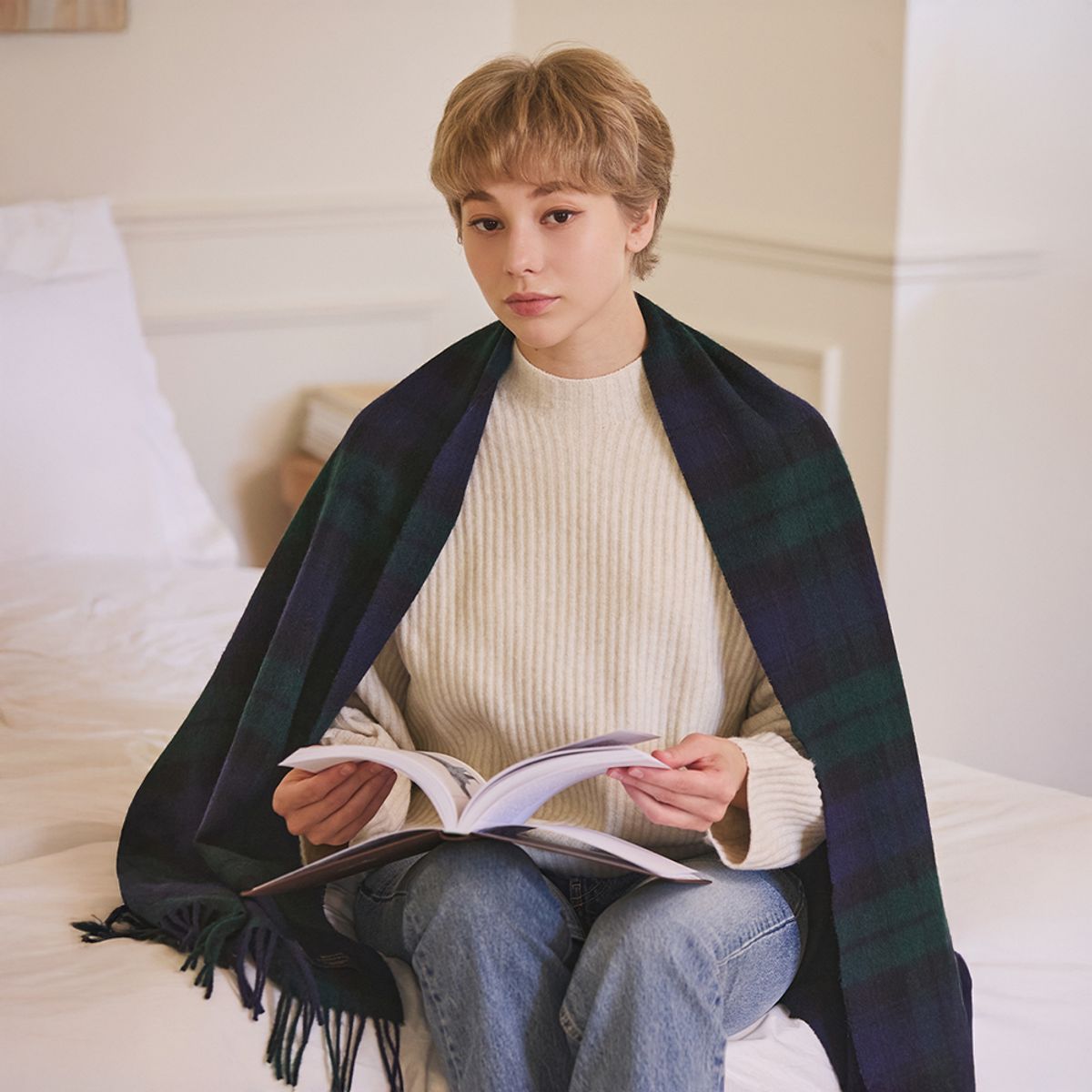 아브라함문(ABRAHAM MOON) 메리노울 숄 70cm - 블랙 워치
