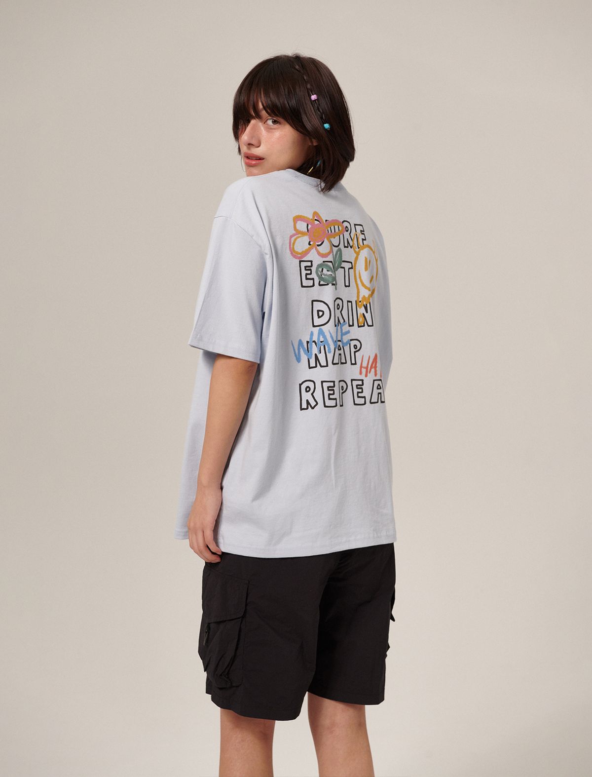 플랫웨이브 인 서울(FLATWAVE IN SEOUL) Doodly Print T-Shirt Skyblue
