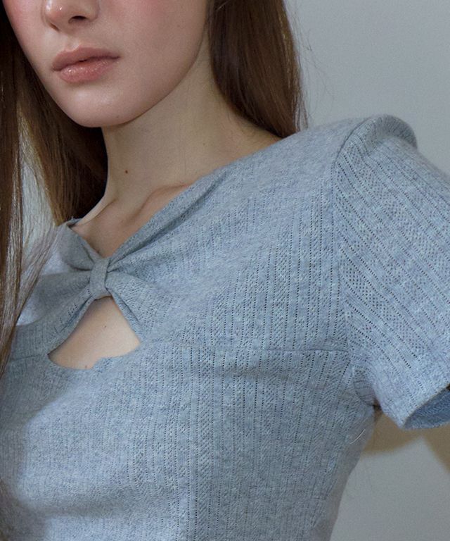 MUSINSA公式 | RONRON KNOT RIBBON SLIT HALF T SHIRT EYELET GREY