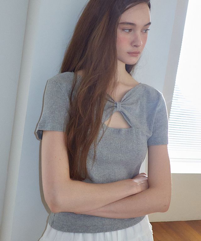 人気Tシャツ【Ronron】KNOT RIBBON SLIT HALF T SHIRT EYELET MUSINSA | RONRON KNOT RIBBON SLIT HALF T SHIRT EYELET GREY