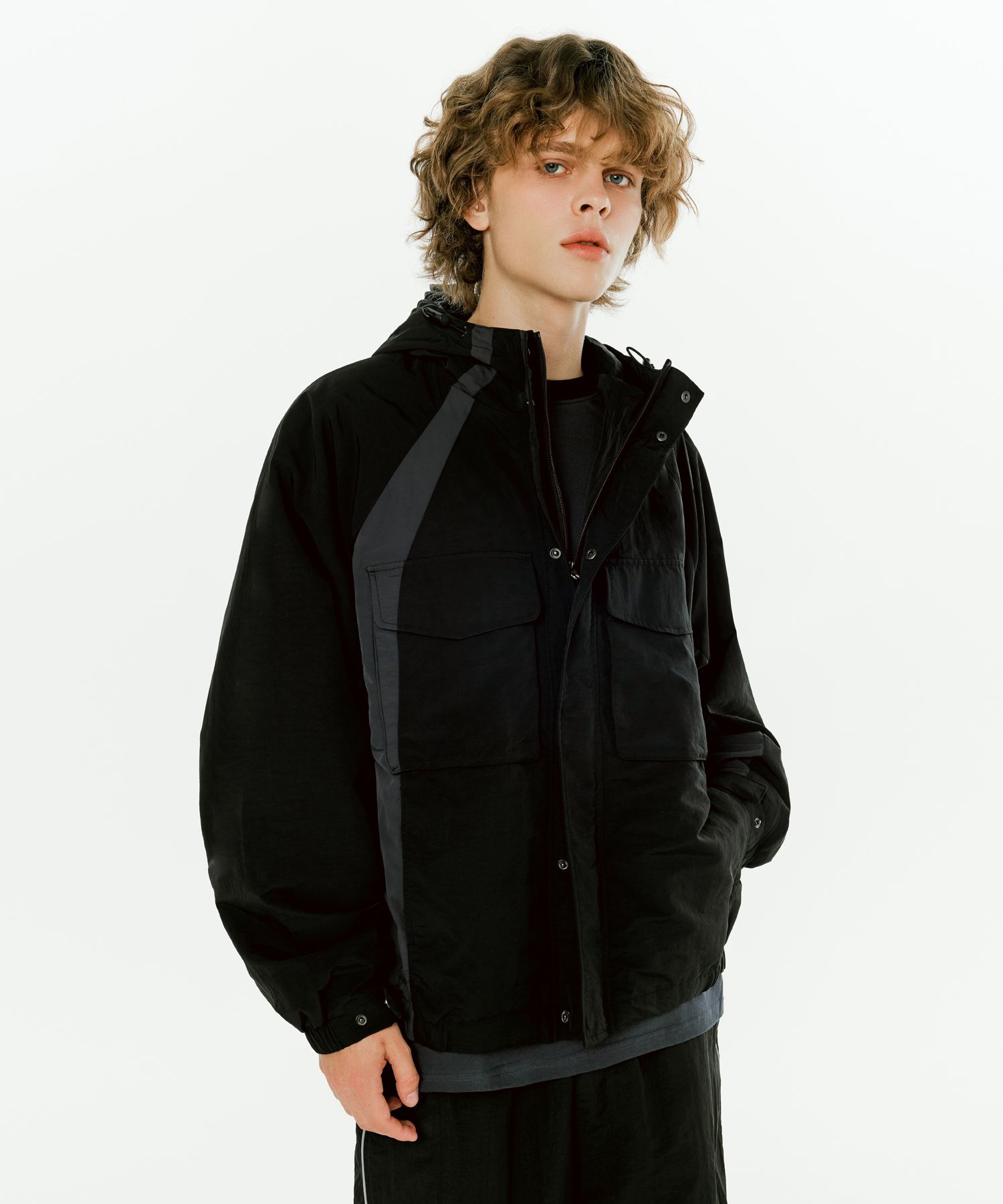 MUSINSA | 1993STUDIO Color Block Hooded Windbreaker_Black