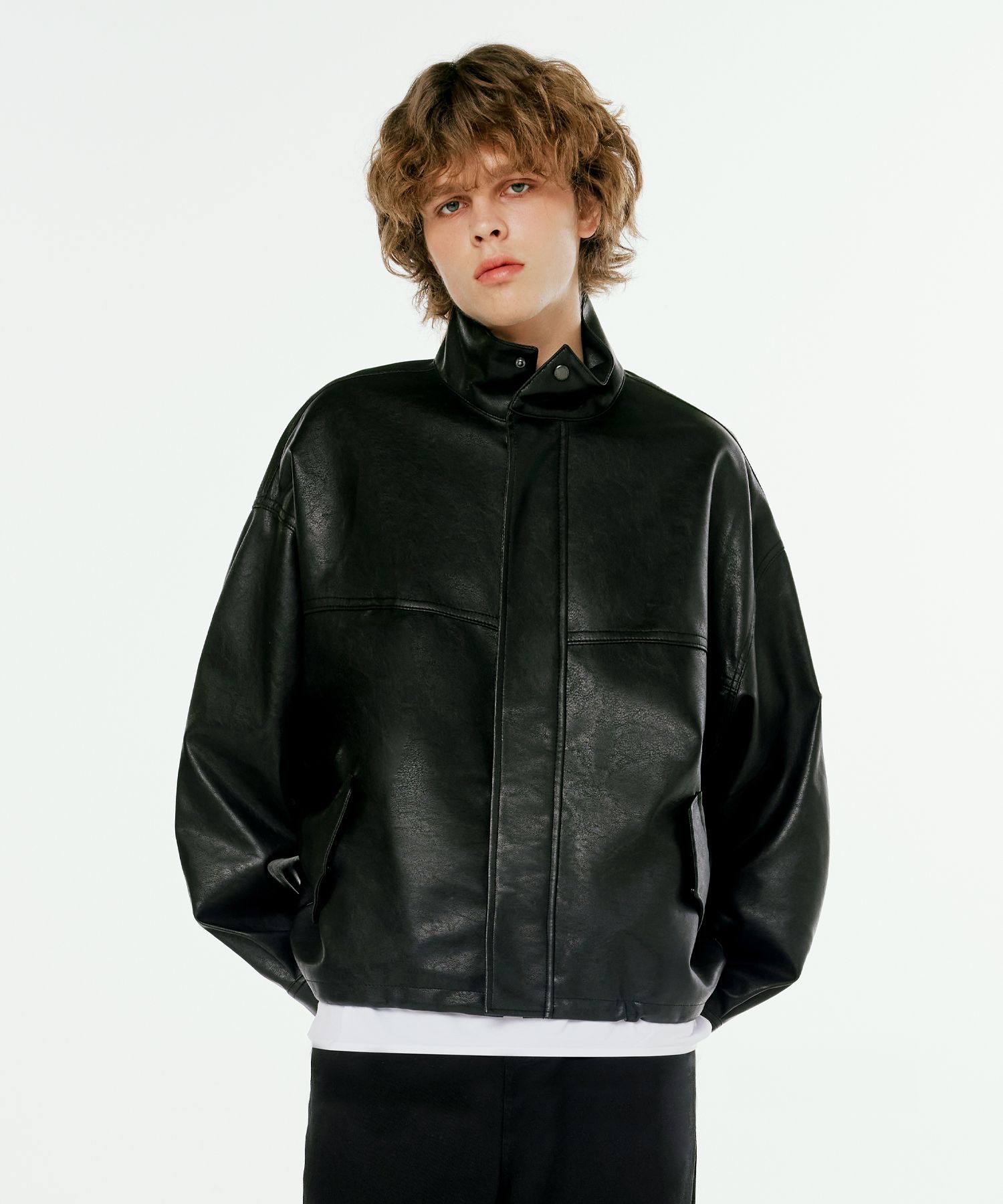 MUSINSA公式 | 1993STUDIO Symbol Logo Leather Field Jacket_Black