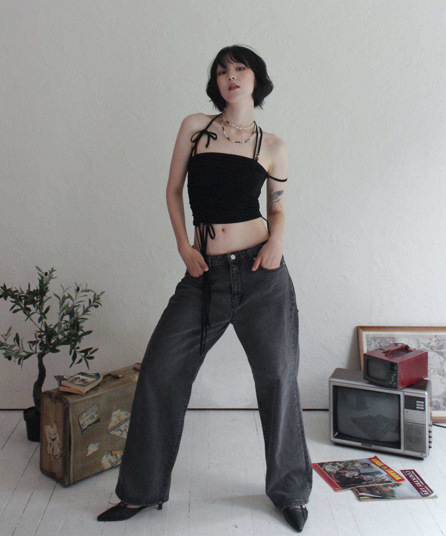 MUSINSA | RUBATI Shirring strap tube top_black