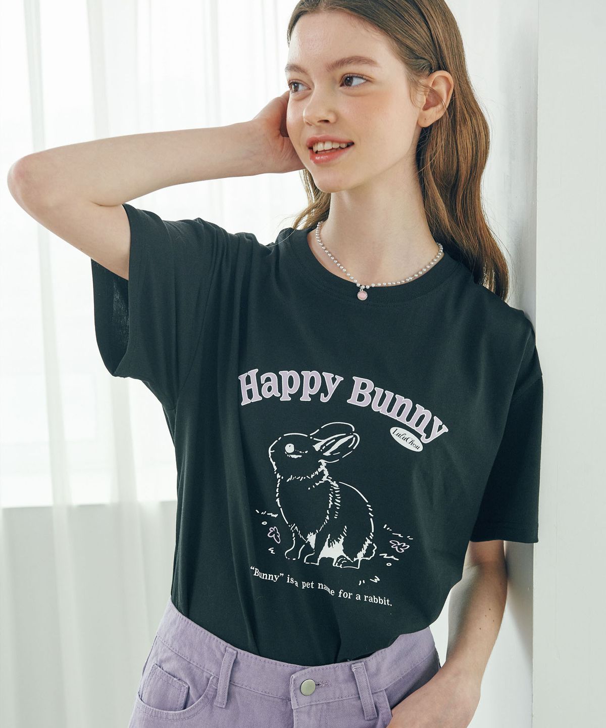 루루슈(LULUCHOU) Happy Bunny T-shirt - BLACK