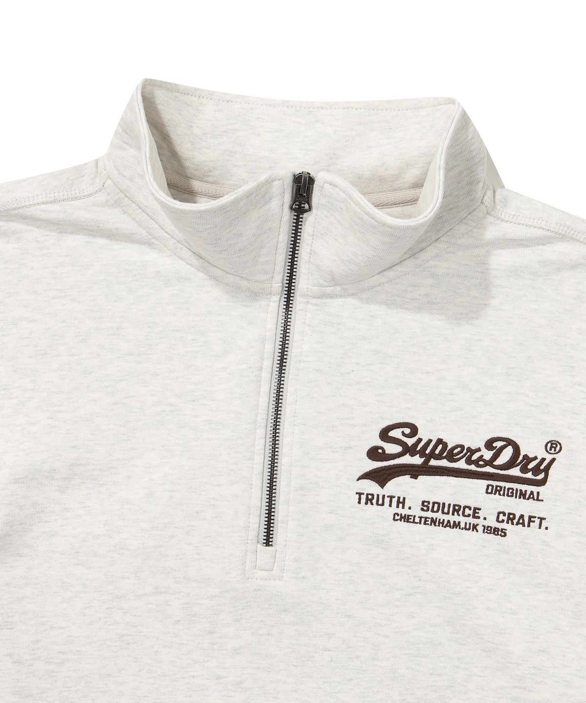 슈퍼드라이(SUPERDRY) 빈티지 로고 하프 집업 맨투맨 라이트 그레이