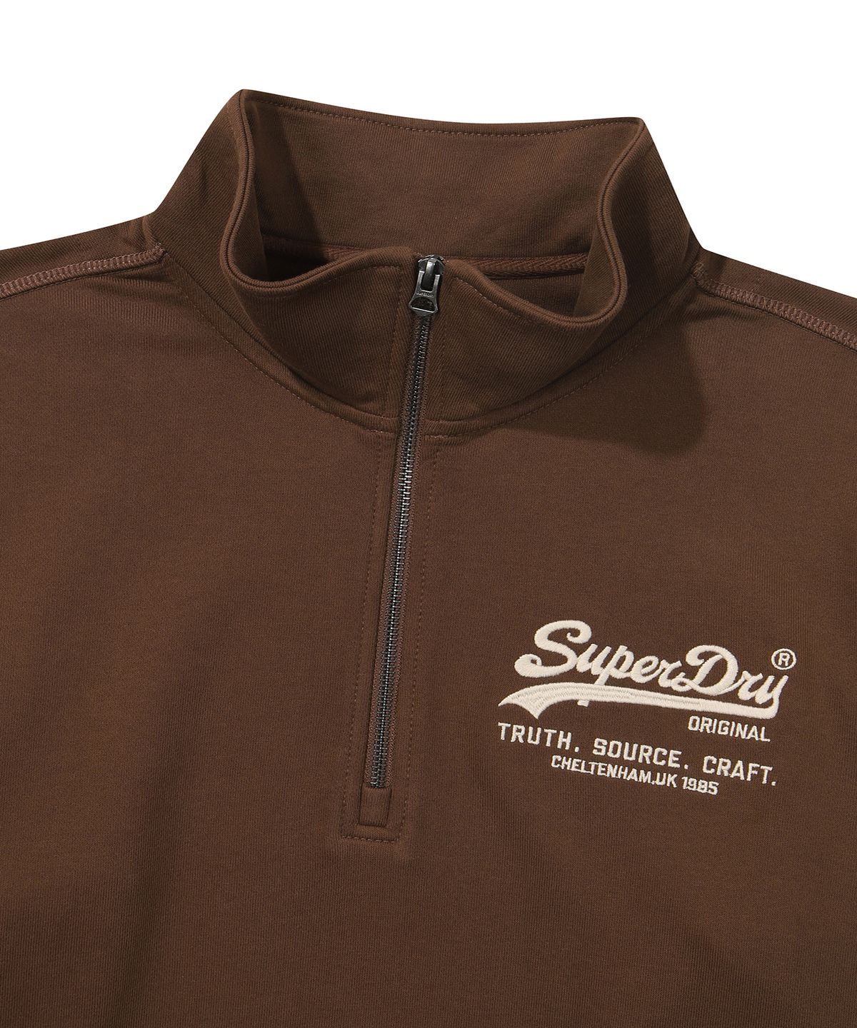 슈퍼드라이(SUPERDRY) 빈티지 로고 하프 집업 맨투맨 브라운