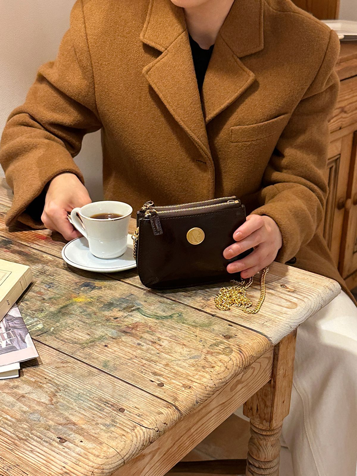 꼬떼드무아(COTEDEMOI) Ecrin mini double chain bag - Chocolate brown