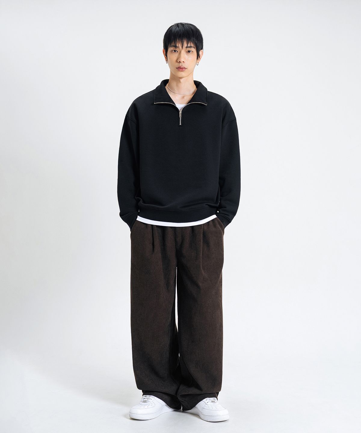 리메인세컨드(LEMAIN SECOND) 오버핏 하프집업 카라넥 스웨트 셔츠 [블랙]