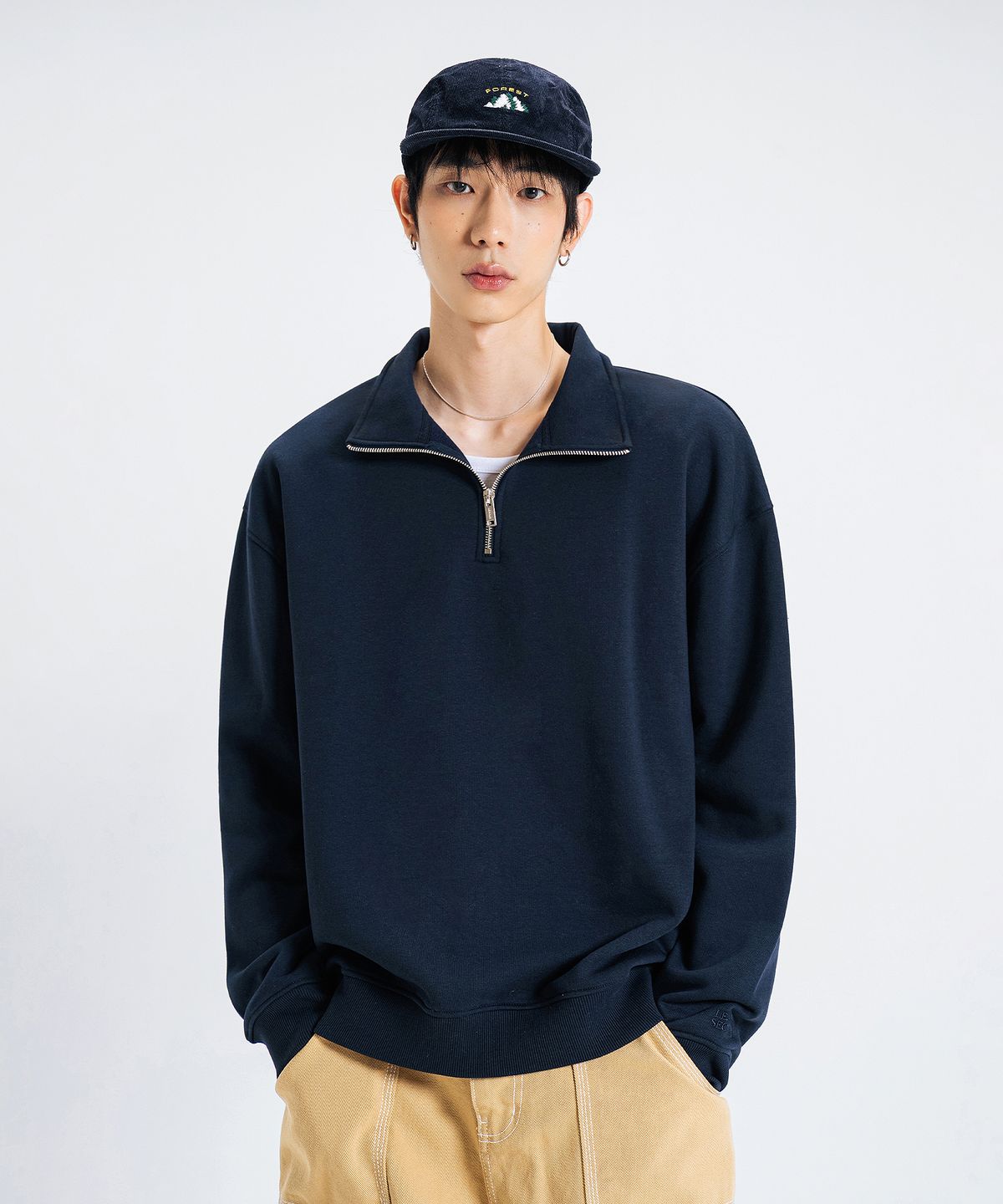 리메인세컨드(LEMAIN SECOND) 오버핏 하프집업 카라넥 스웨트 셔츠 [네이비]