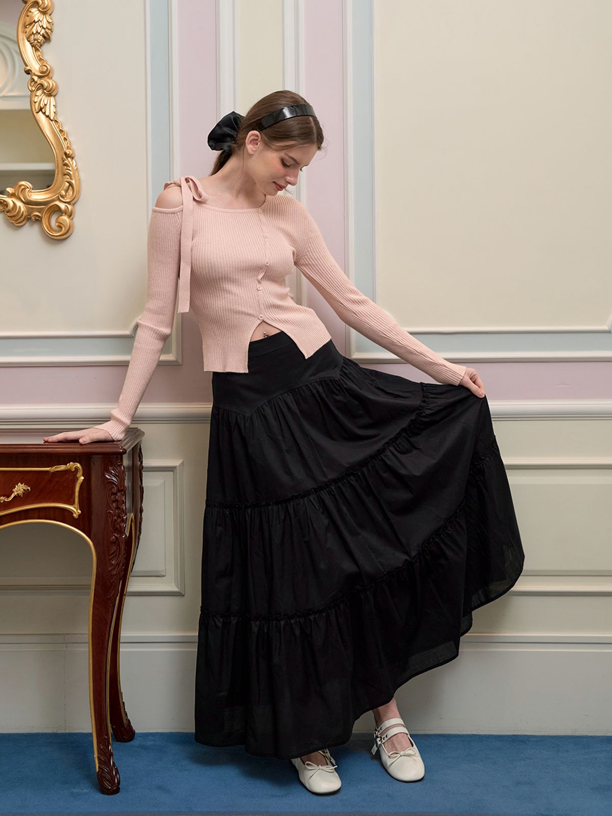 랭앤루(LANGNLU) SHUUSHUU Ruffled Long Skirt(슈슈)_BLACK