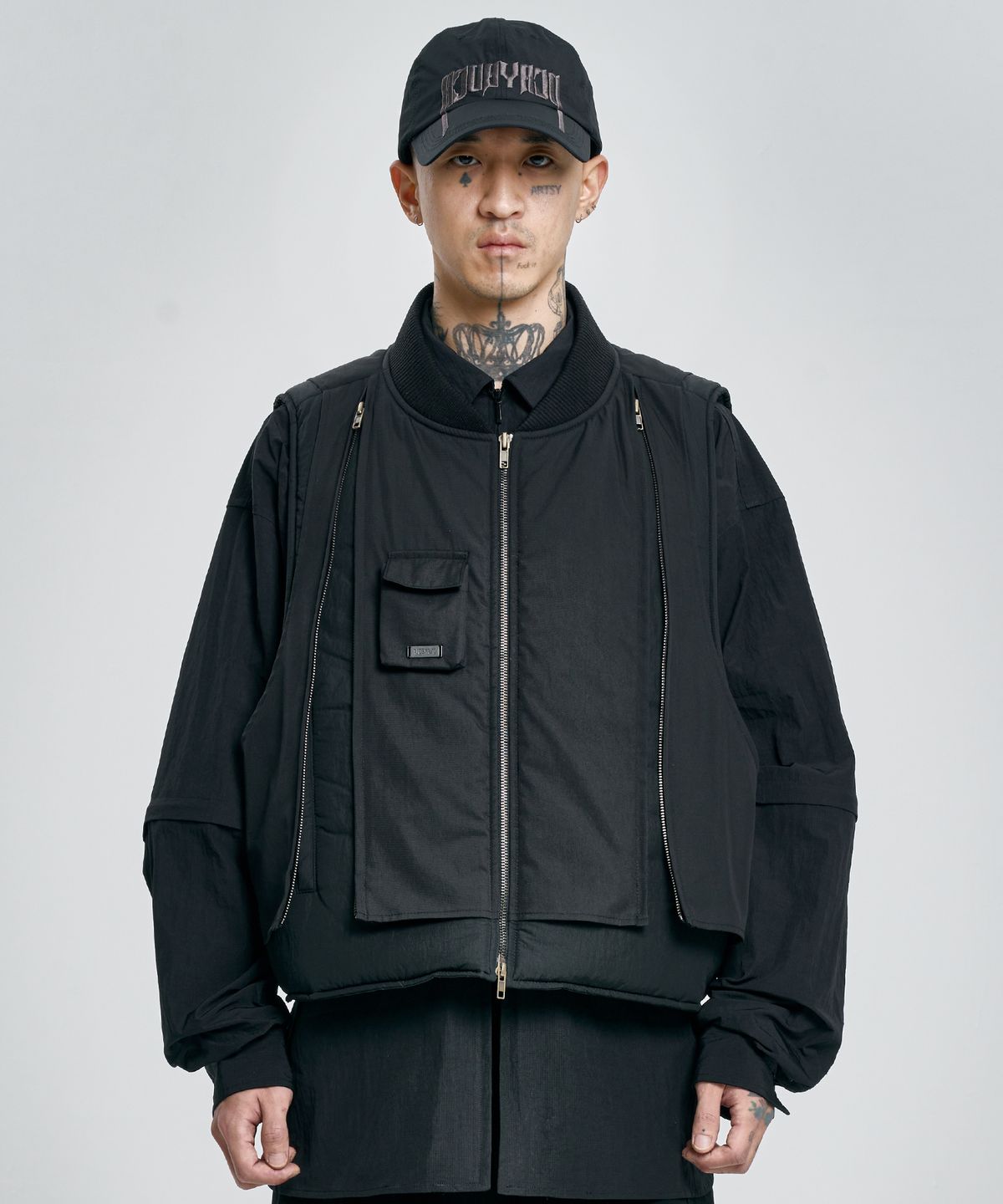 아조바이아조(AJOBYAJO) Layered Padded Zip Up Vest [BLACK]