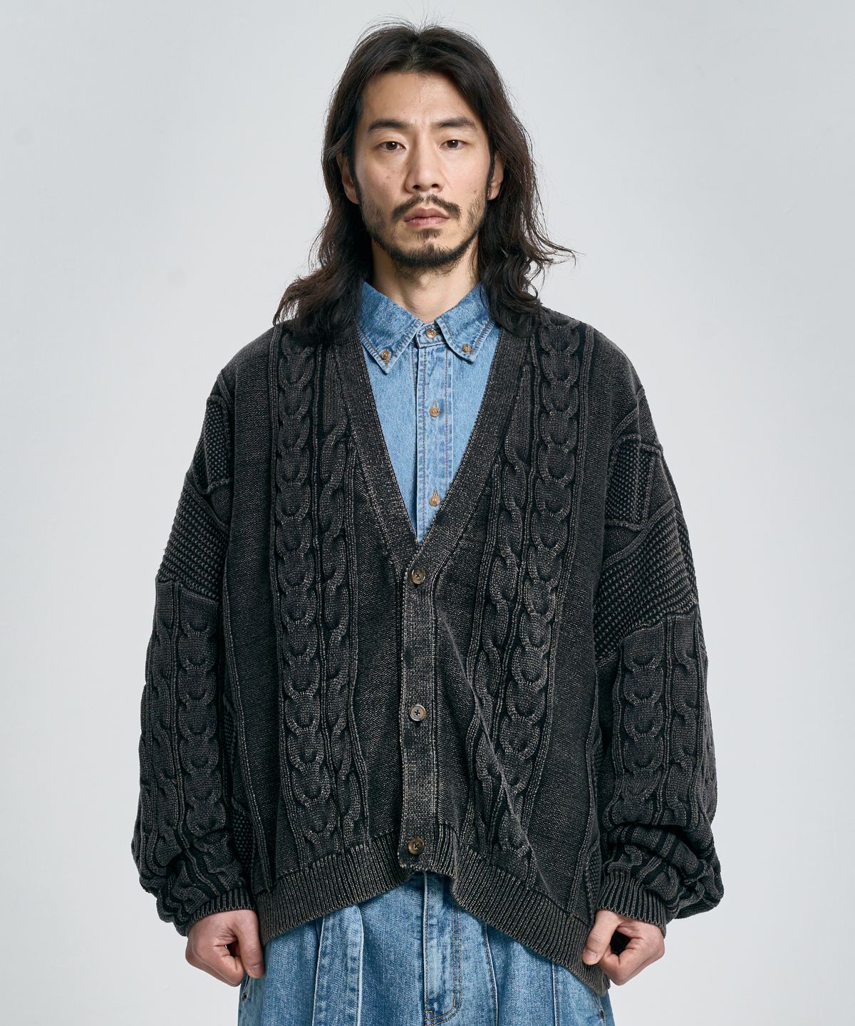 아조바이아조(AJOBYAJO) Cable Washed Cardigan [BLACK]