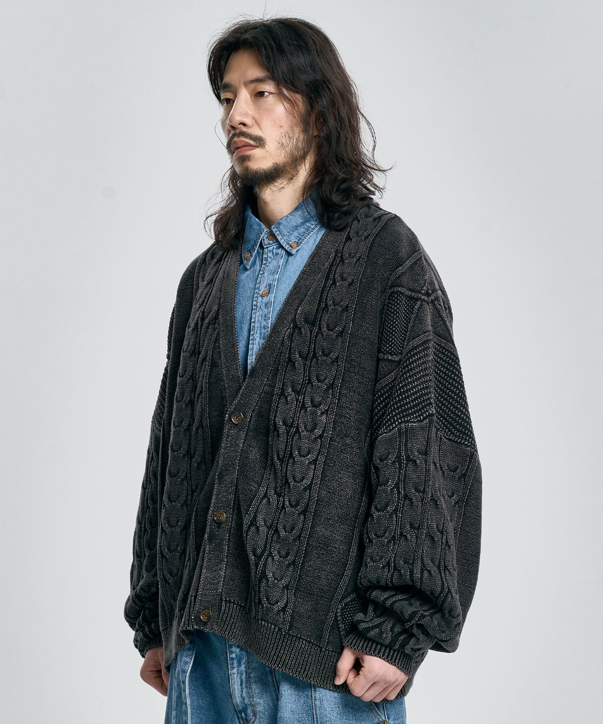 아조바이아조(AJOBYAJO) Cable Washed Cardigan [BLACK]