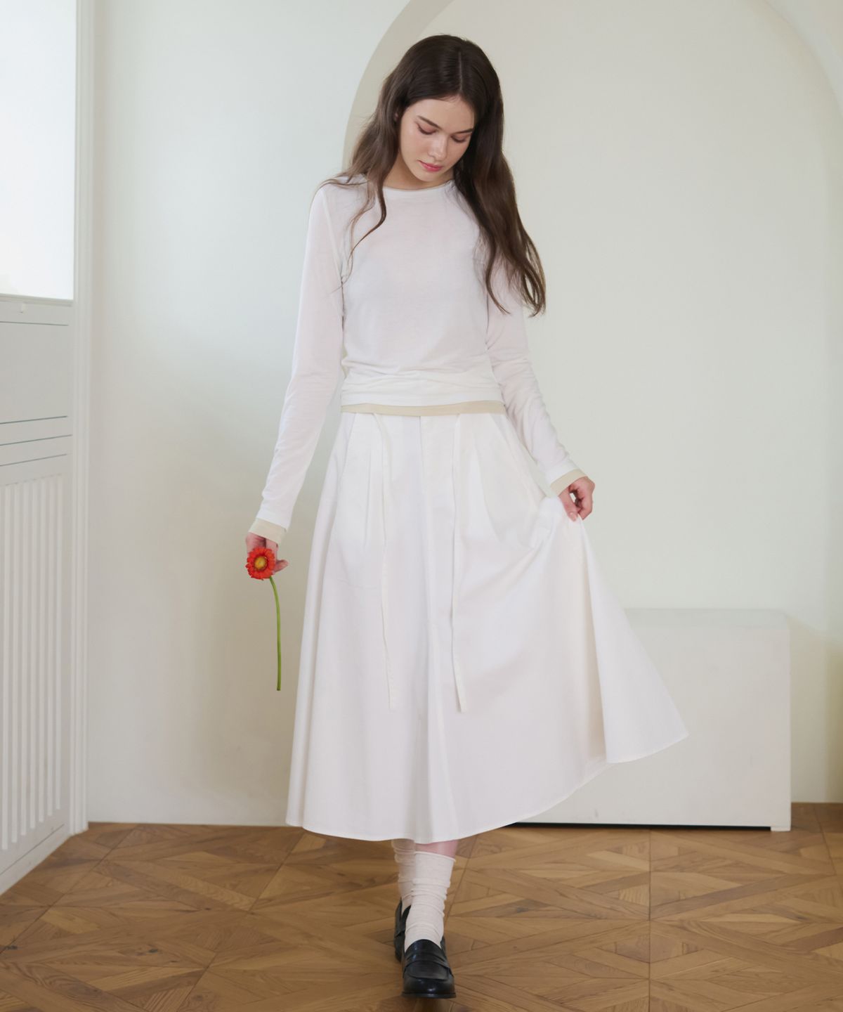 드로우핏 우먼(DRAWFIT WOMEN) 내추럴 레이어드 롱 슬리브 티셔츠 [IVORY]