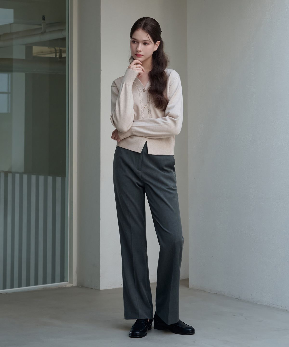 드로우핏 우먼(DRAWFIT WOMEN) 미니멀 케이블 브이넥 가디건 [OATMEAL]