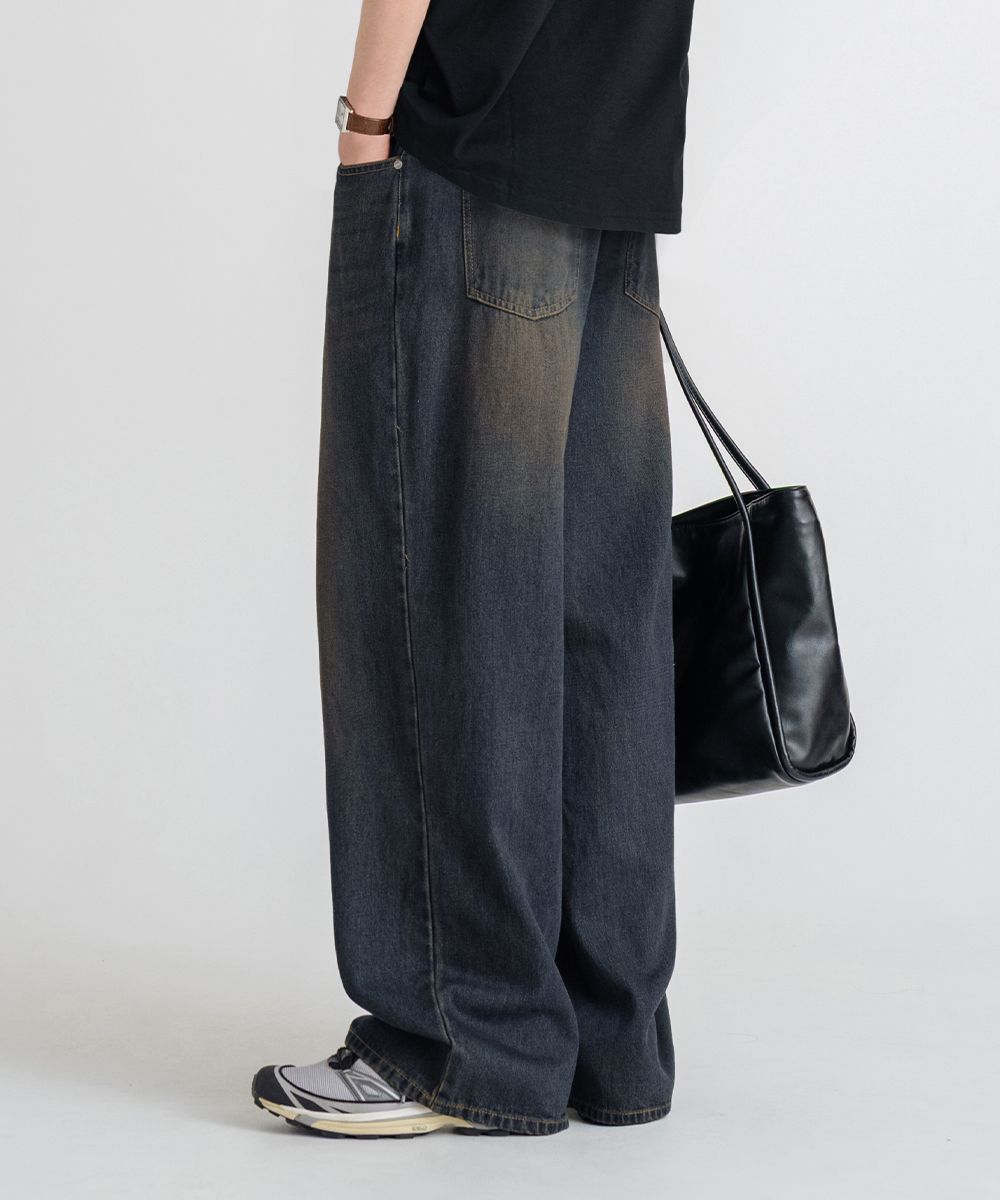【BAON】[unisex] Wensi Vintage Cat Washing Wide Denim Pants BAON (バオン) - [男女兼用]ウェンシビンテージキャット