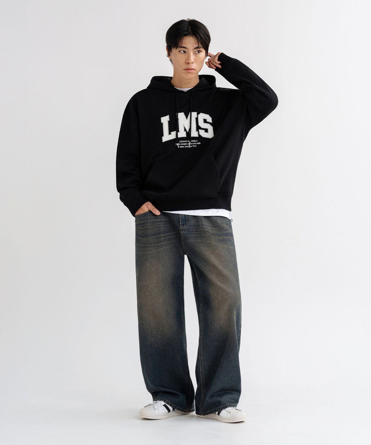리메인세컨드(LEMAIN SECOND) 빈티지 캣워싱 와이드 데님 팬츠 [옐로우 워싱]
