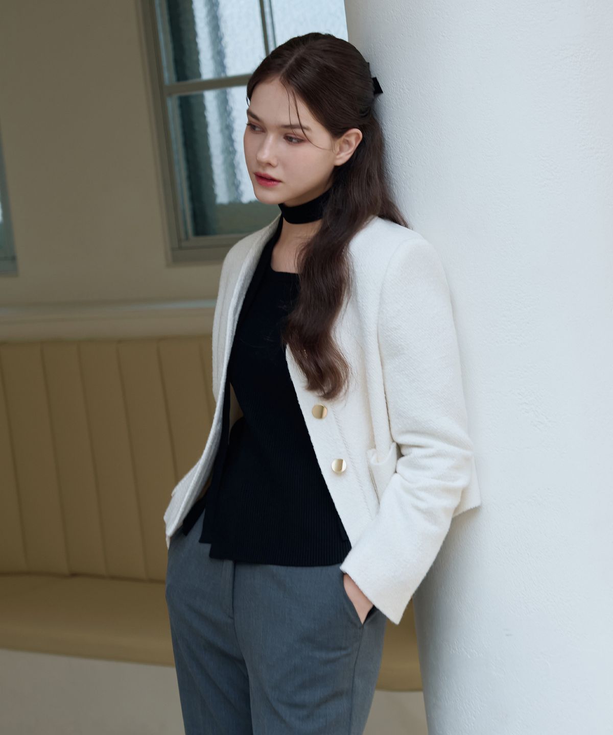 드로우핏 우먼(DRAWFIT WOMEN) 트리밍 브이넥 부클 트위드 자켓 [BLACK]