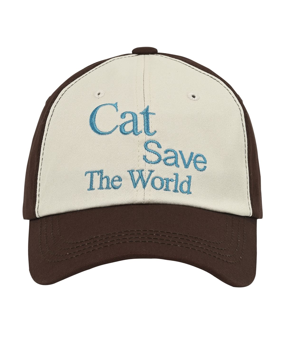 캣세이브더월드(CATSAVETHEWORLD) 슬로건 레터링 투톤 배색 볼캡 (브라운)