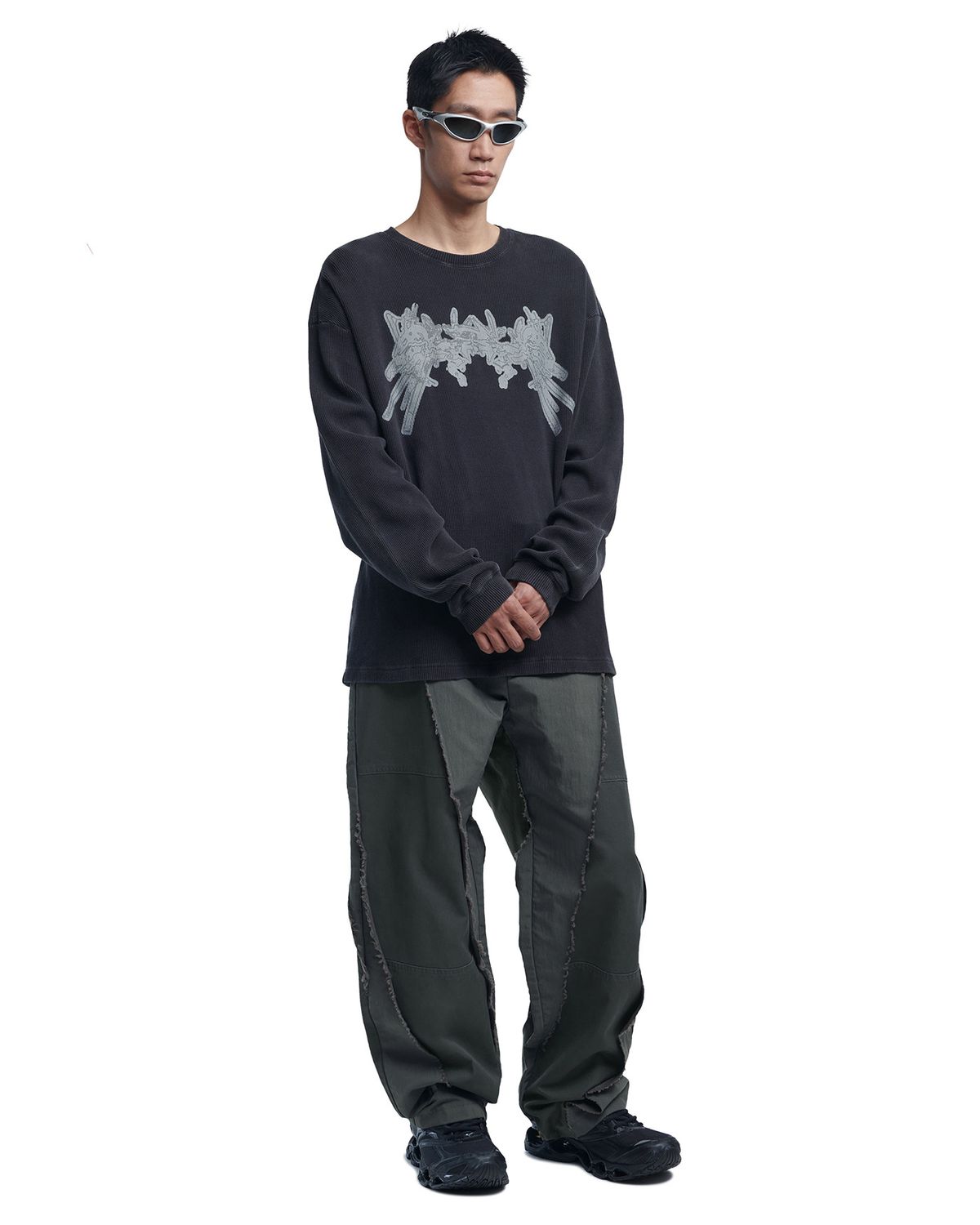 노매뉴얼(NOMANUAL) A.W WAFFLE LONG SLEEVE TEE - WASHED BLACK
