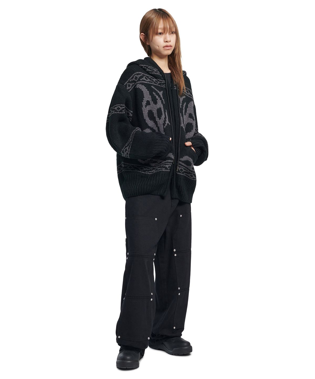노매뉴얼(NOMANUAL) COWICHAN HOODED ZIP-UP - BLACK