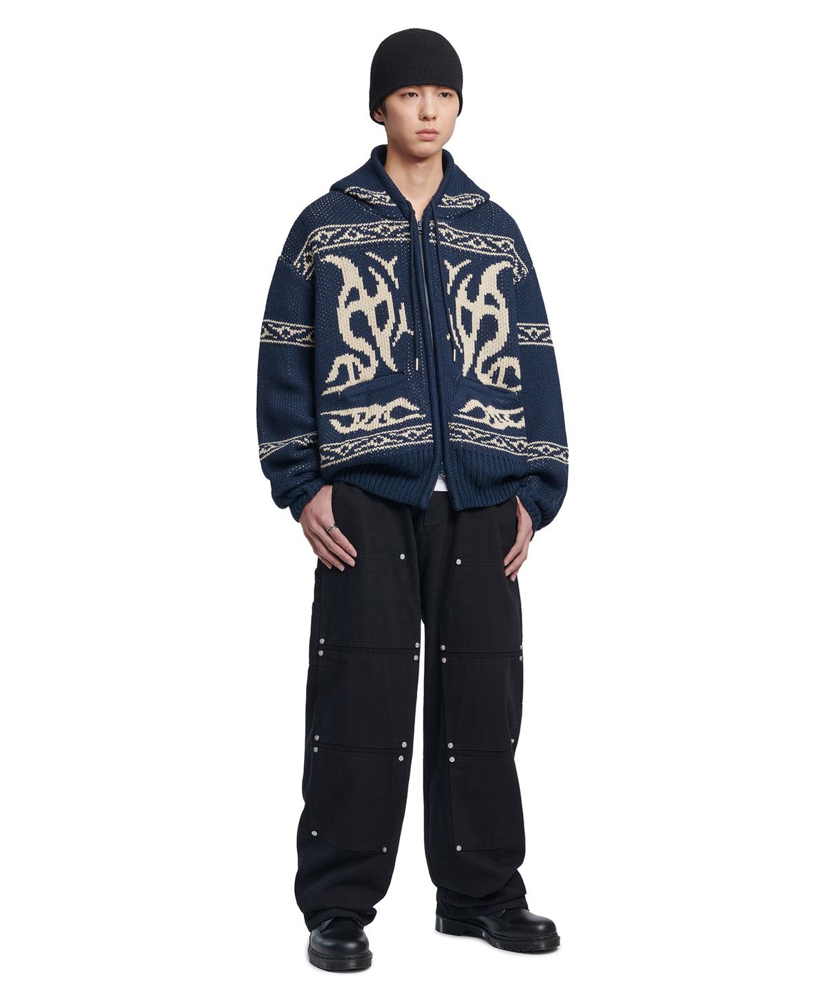 노매뉴얼(NOMANUAL) COWICHAN HOODED ZIP-UP - NAVY