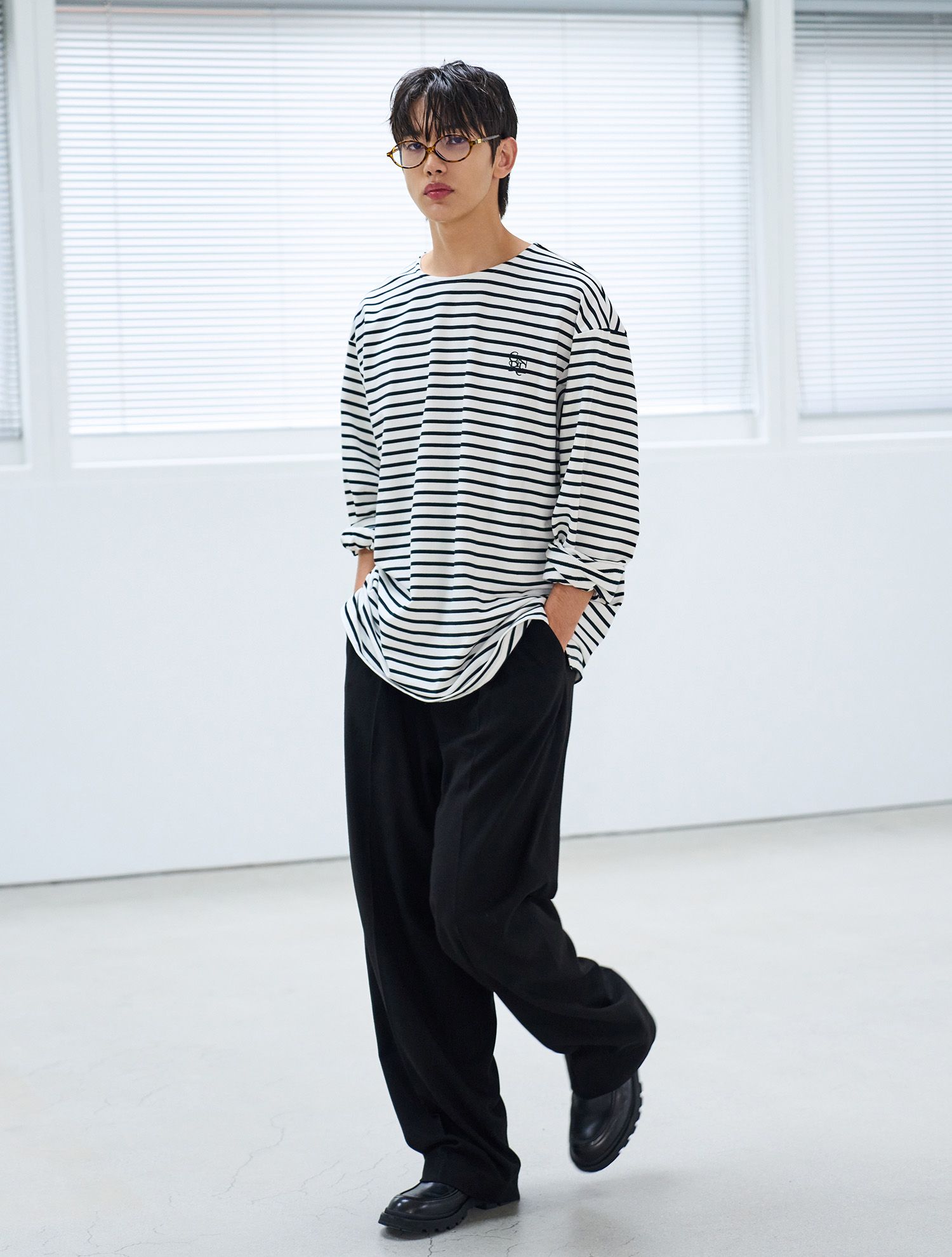 MUSINSA | GENERAL IDEA Long sleeve border T-shirt [IVORY