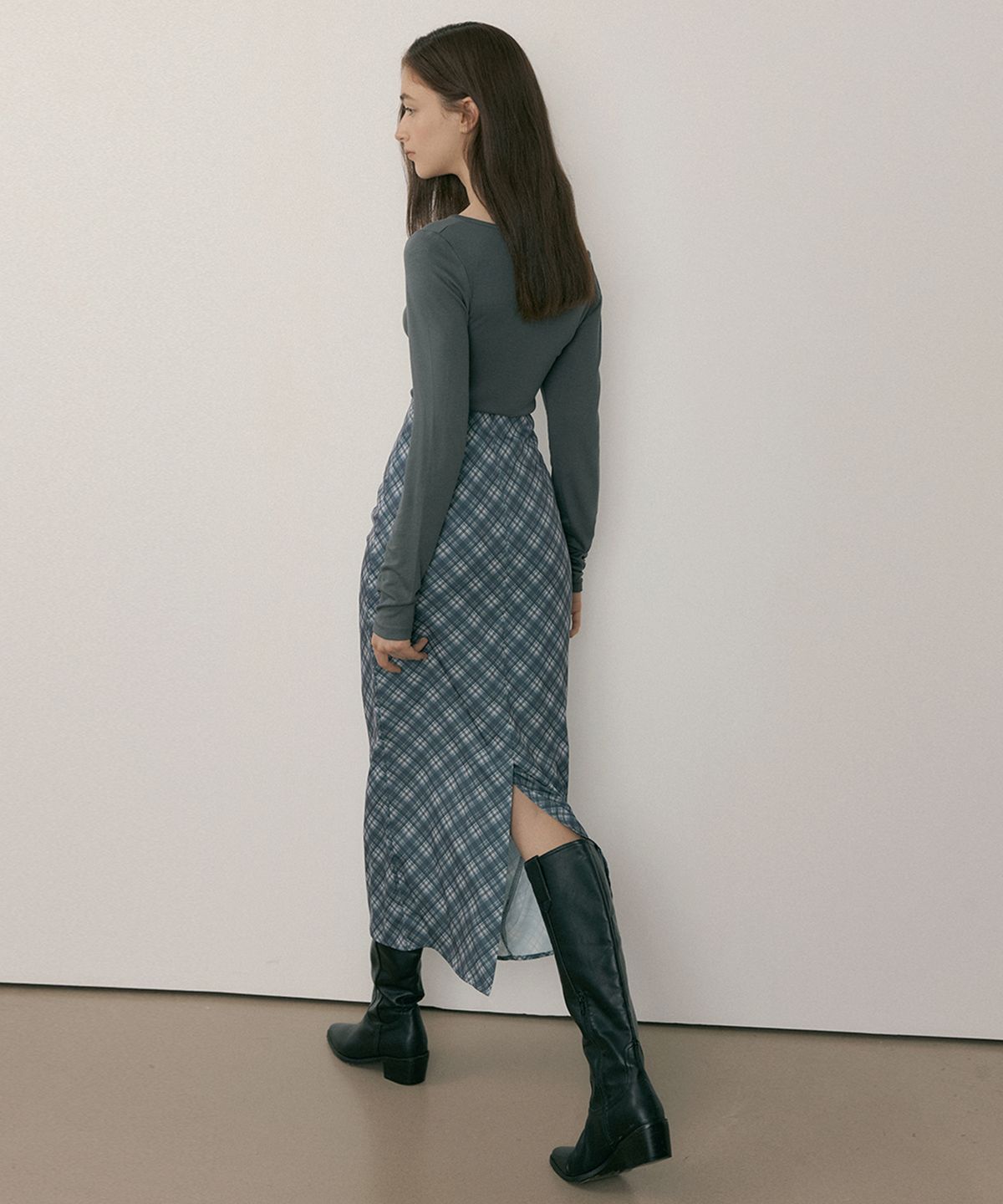 리올그(REORG) MOR CHECK LONG SKIRT MILD GRAY
