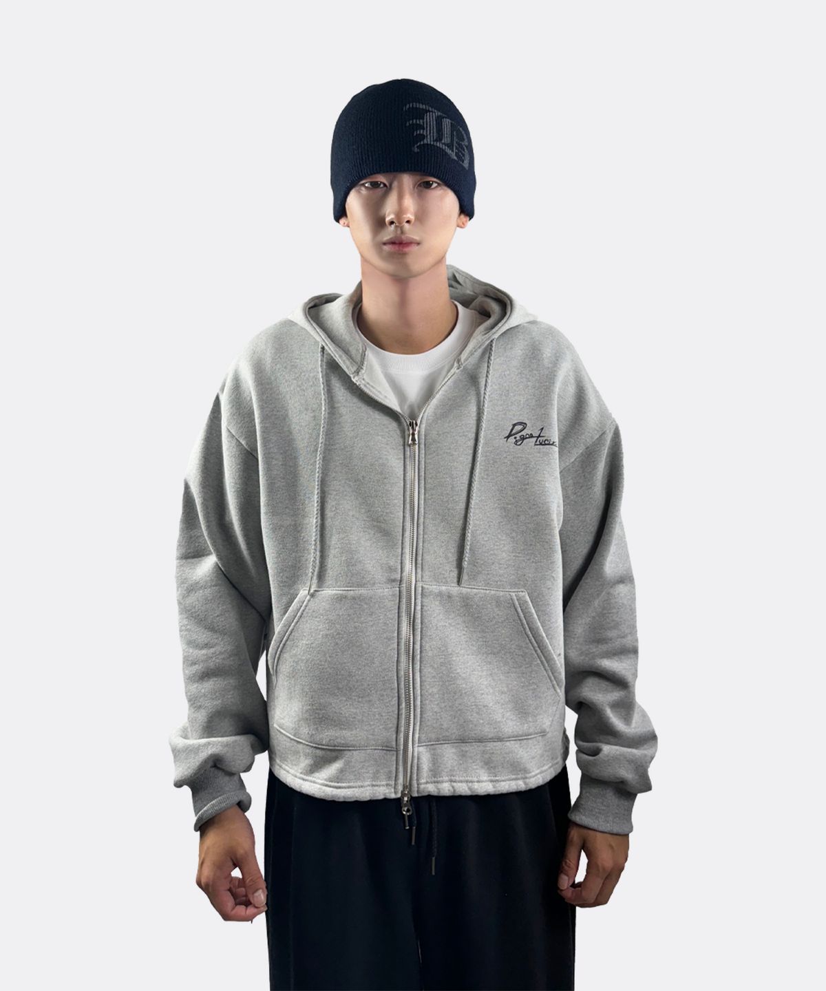 디그노루시르(DIGNOLUCIR) 레터링 크롭  기모 후드집업(gray)